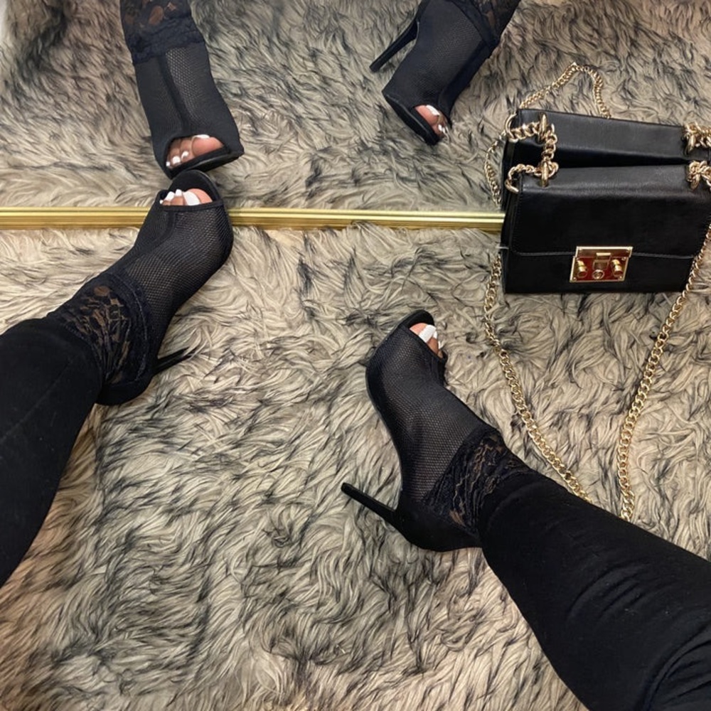 Black lace Peep Toe Lace Stiletto Booties- ankle heels with mesh detailing.